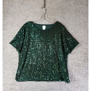 H&M Green Sequin Short Sleeve Shirt Top Womens M Holiday Party Evening Wear EUC